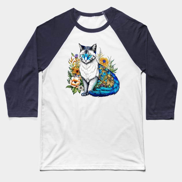 Peacock Kitty Baseball T-Shirt by VioletGrant